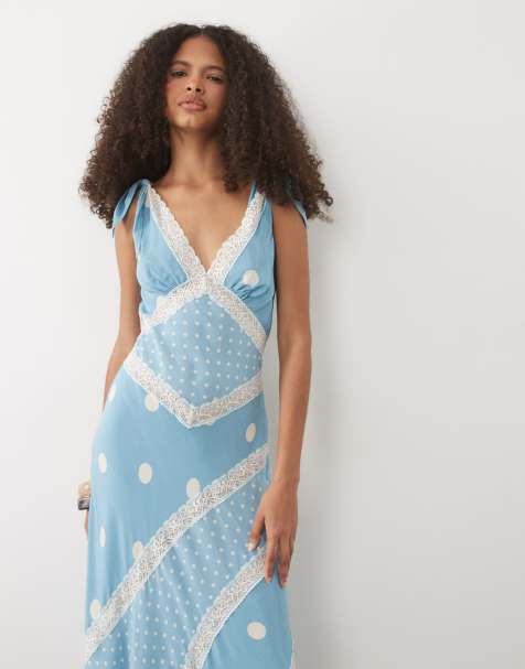 For Love & Lemons Stormie Dot lace midi dress with bow shoulders in blue - view 1