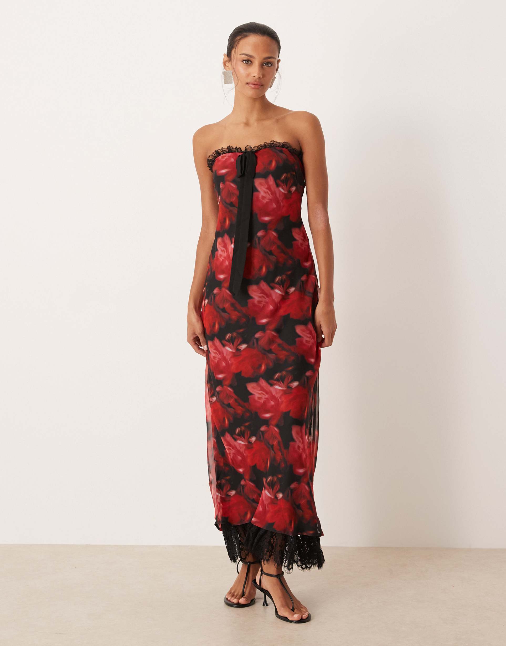 for love & lemons strapless maxi dress with open back and lace hem in dark romance red floral