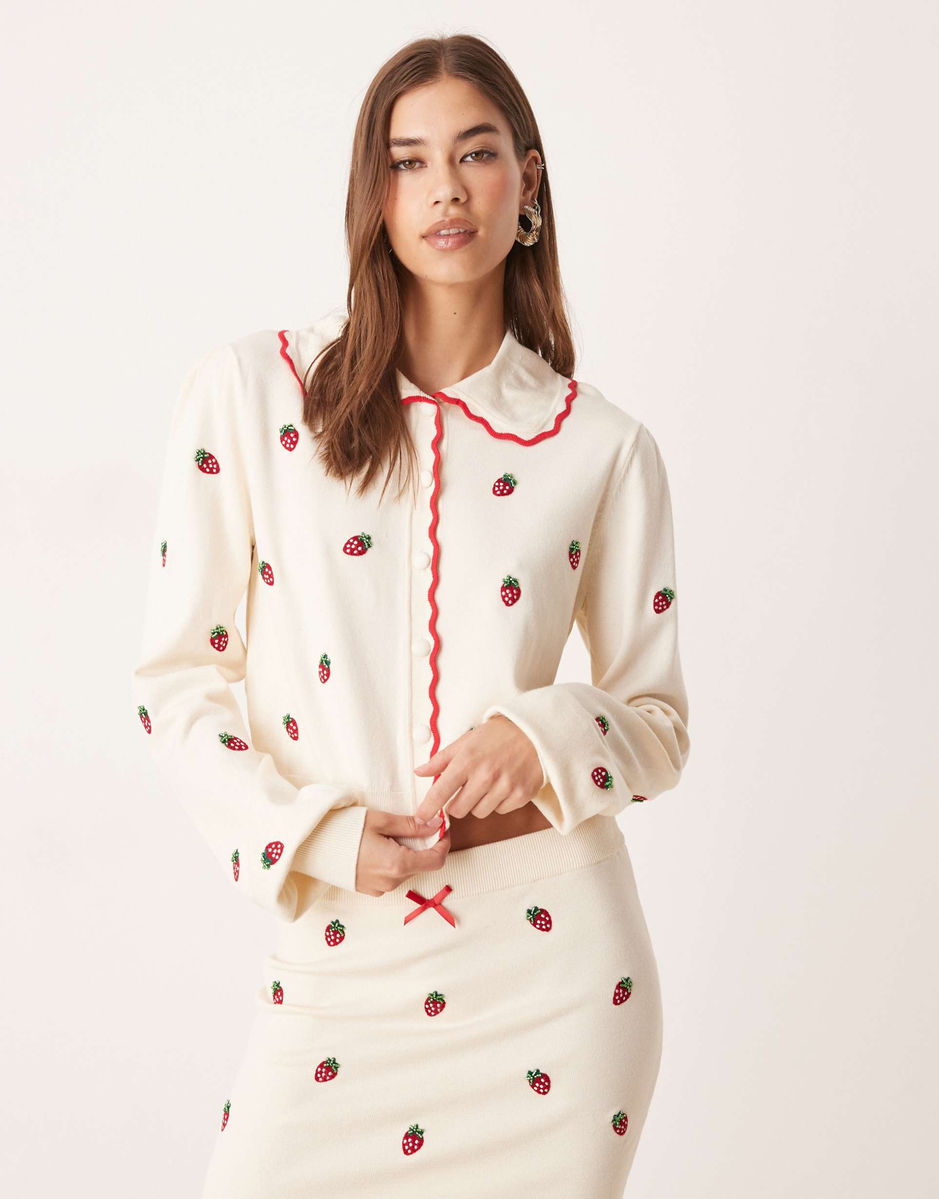 for love & lemons strawberry jam cardigan in cream - part of a set