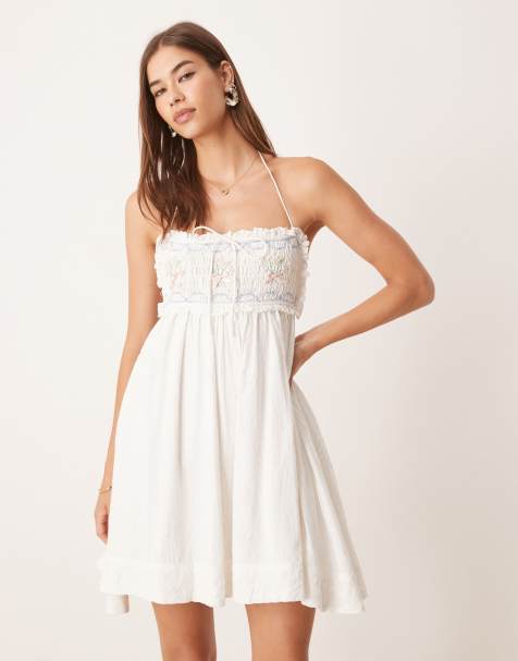 For Love & Lemons Summer Time cotton floral detail shirred low back mini dress in white - view 1