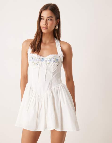 For Love & Lemons Tea time bustier halter neck mini dress in white