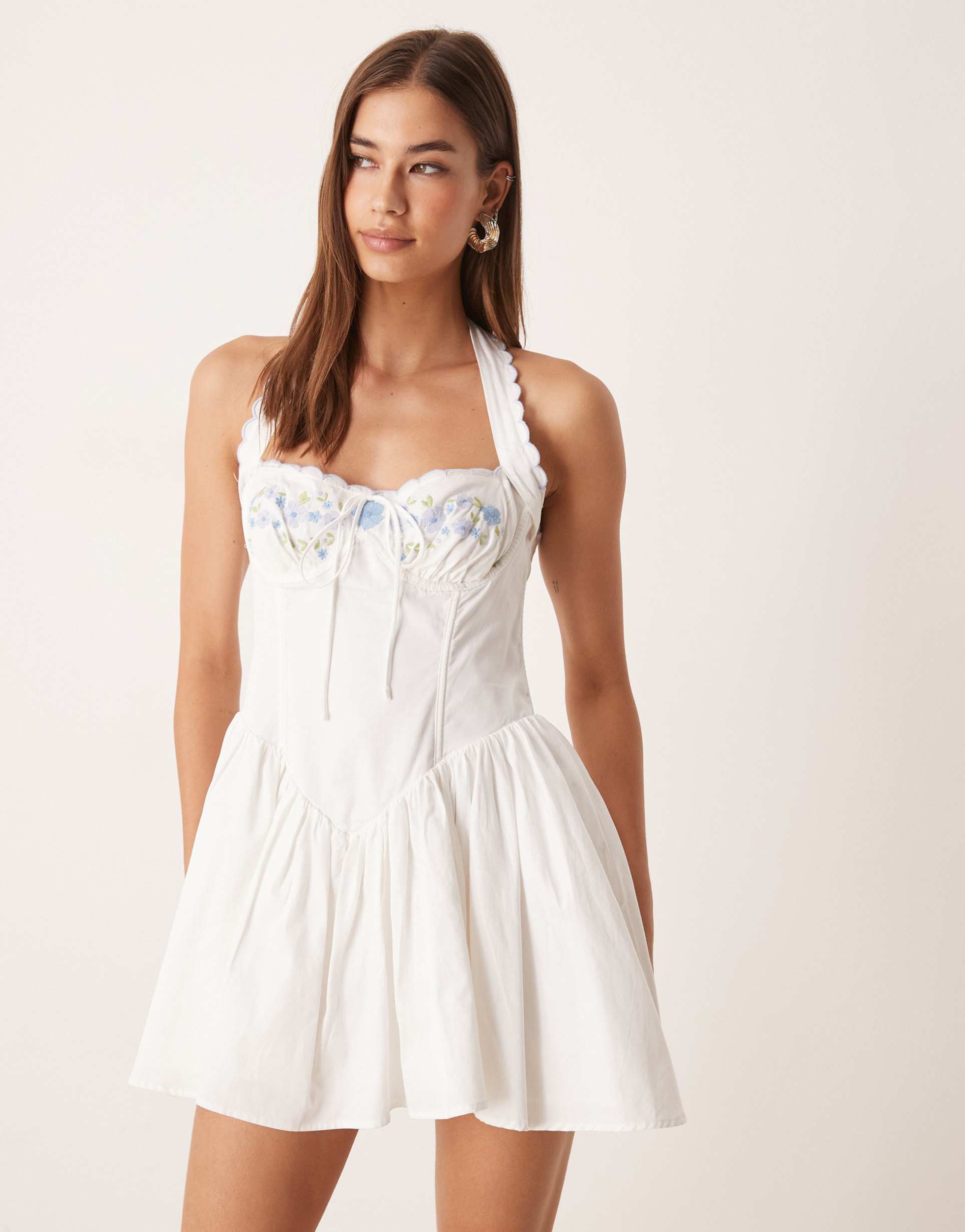 for love & lemons tea time bustier halterneck mini dress in white