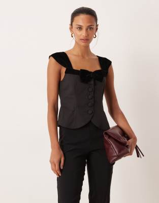 For Love & Lemons Train Station Poplin And Velvet Mix Button-up Top With Bow Detail In Black