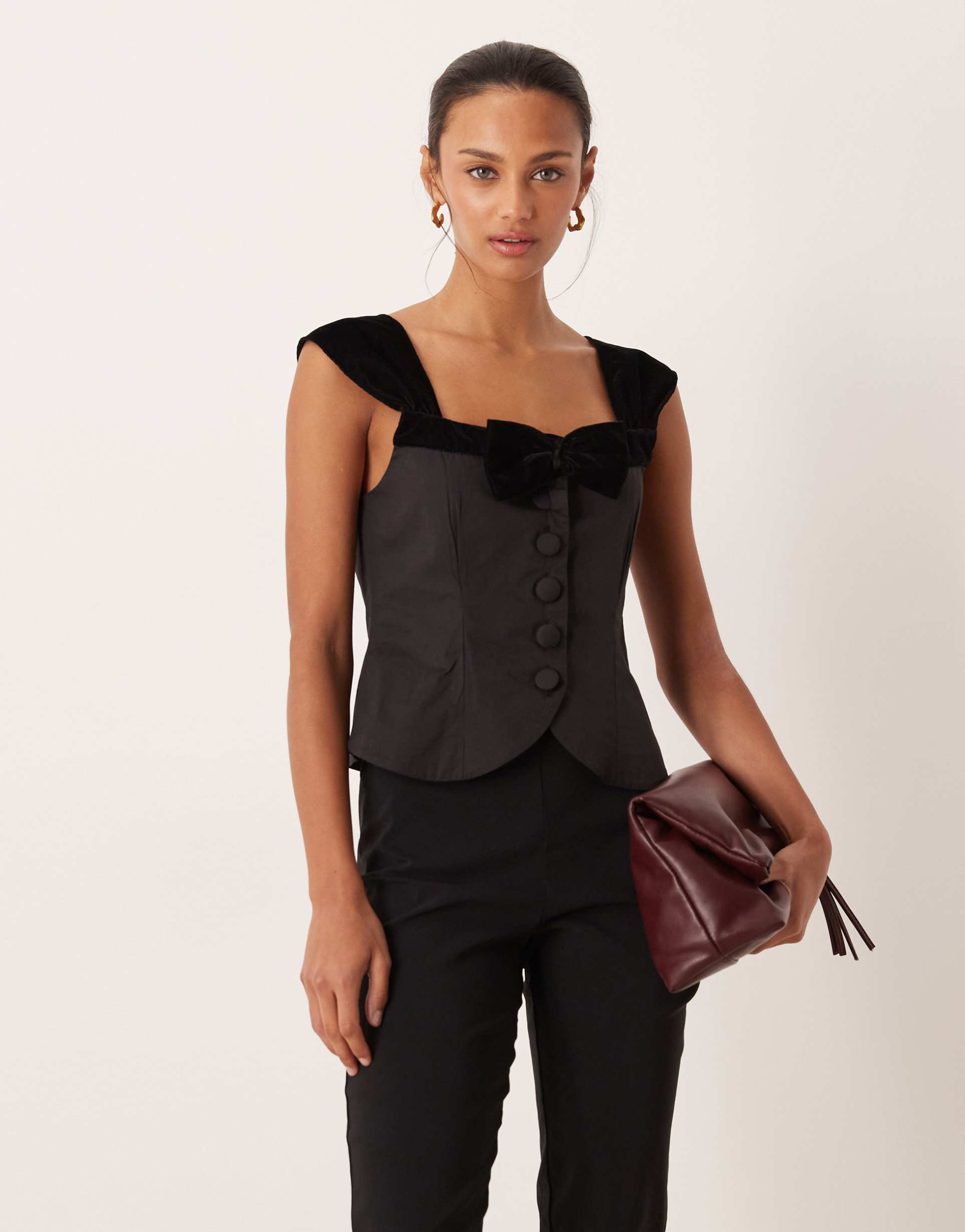 for love & lemons train station poplin and velvet mix button-up top with bow detail in black