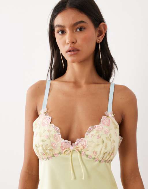For Love & Lemons Twilight Minikleid mit V-Ausschnitt, Blumenmuster und Spitzendetail in Hellgelb, 3 von 4
