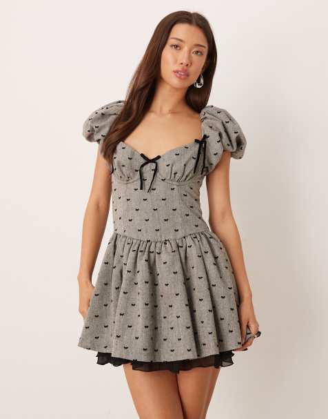 For Love & Lemons twill drop waist mini dress in grey bow print - view 1