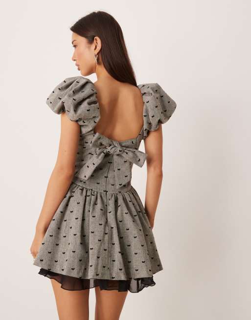 For Love & Lemons twill dropped waist mini dress in gray bow print
