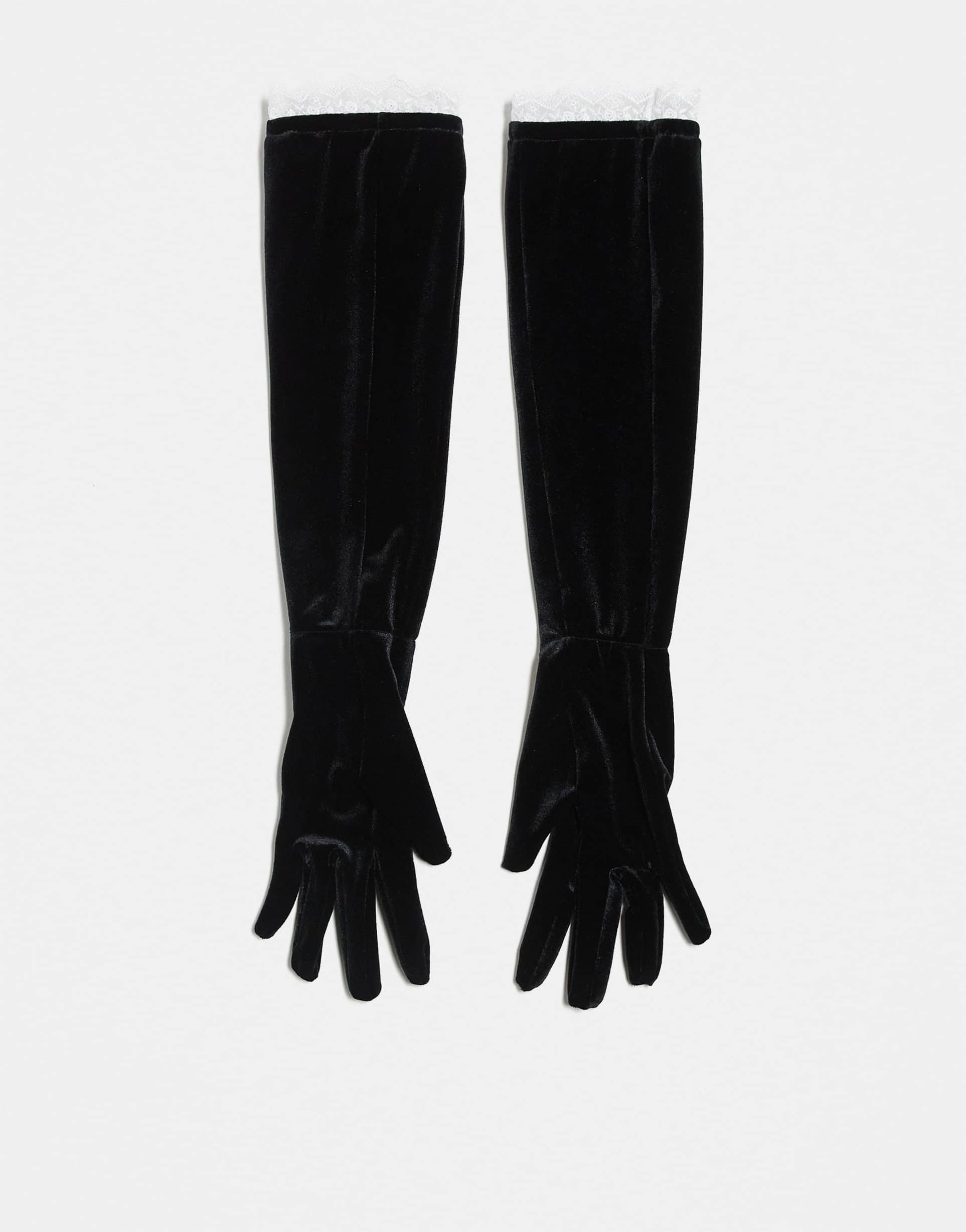 for love & lemons velvet lace trimmed opera length gloves in black