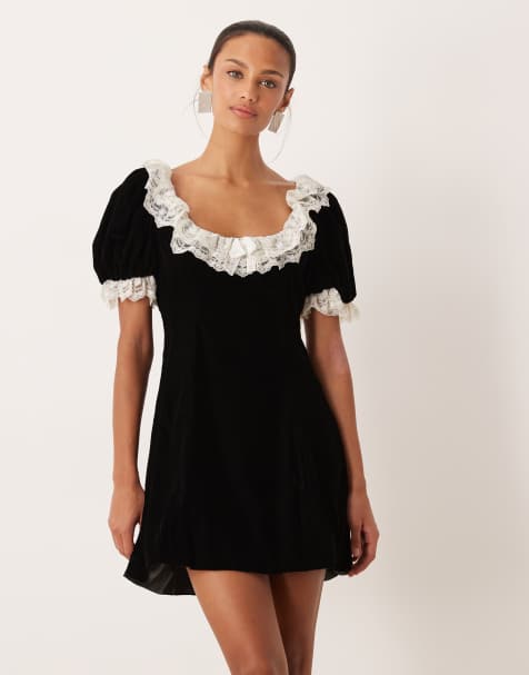 For Love & Lemons velvet scoop neck puff sleeve lace detail mini dress in black - view 1