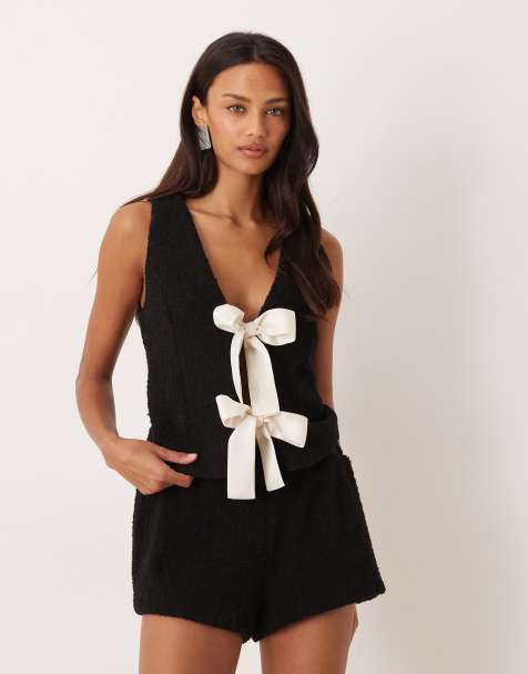 For Love & Lemons wool rich boucle bow front tank top set in black - view 1