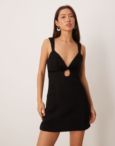 For Love & Lemons wool rich boucle open back velvet bow detail mini dress in black - view 1