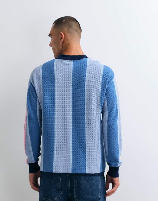 Förbjuden långärmad stickad randig sport-t-shirt i blått, 3 av 5