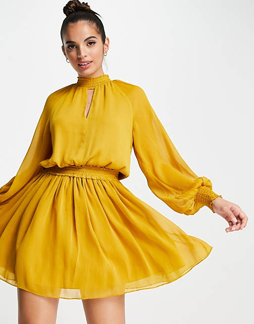 Forever New 70s keyhole long sleeve mini dress in mustard