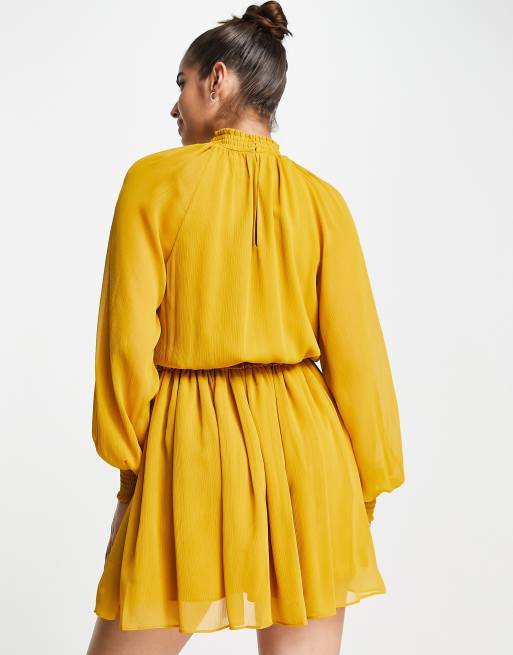 Forever New 70s keyhole long sleeve mini dress in mustard, 2 of 4