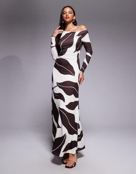 Forever New Aimee one shoulder long sleeve mesh maxi dress in brown abstract print - view 1