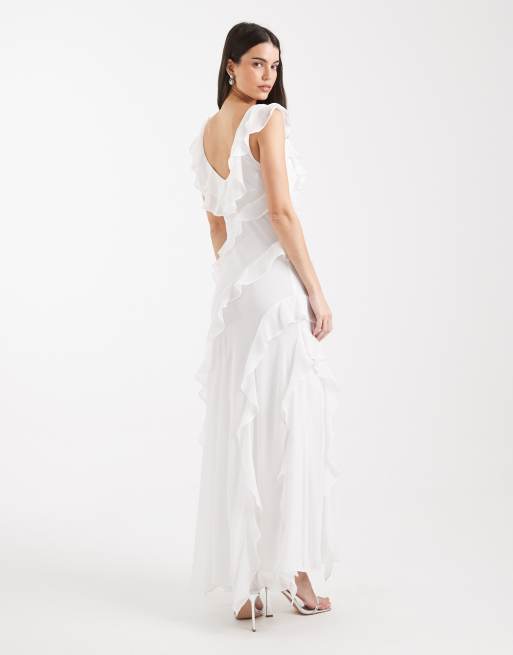 Forever New - Alt til bruden - Elfenbenshvid maxikjole i chiffon med V-hals og flæsedetaljer, 2 af 4