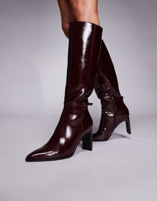  ankle strap knee high boots in burgundy