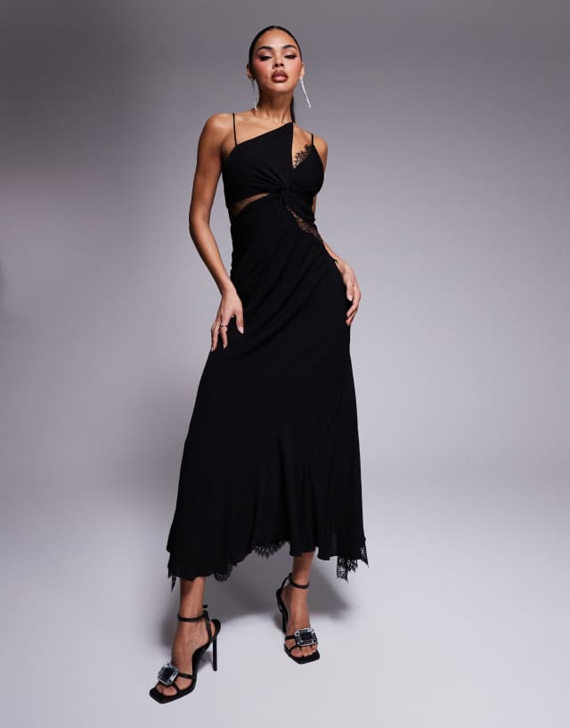Forever New asymmetric lace splice maxi dress in black | ASOS