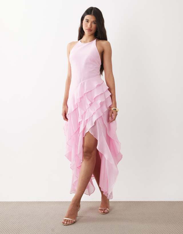 Forever New asymmetric ruffle tiered hem racer maxi dress in pink