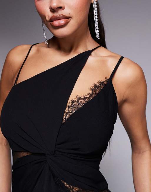 Forever New Asymmetrische maxi jurk met kanten split in zwart ASOS