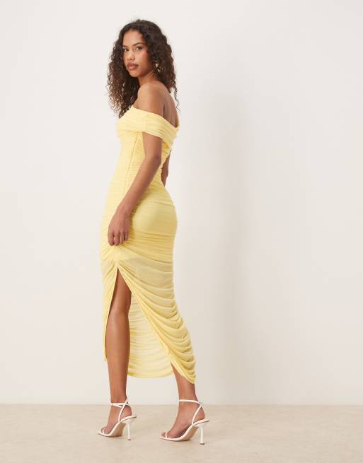 Forever New - Asymmetrische midaxi jurk van mesh met rimpeleffect in geel, 3 van 4