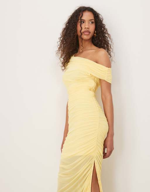 Forever New - Asymmetrische midaxi jurk van mesh met rimpeleffect in geel, 4 van 4