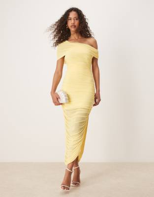 Forever New - Asymmetrisches, gerafftes Midaxi-Kleid aus Netzstoff in Gelb-Grün