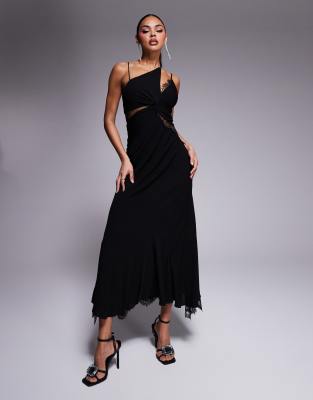 Forever New - Asymmetrisches Spitzen-Maxikleid in Schwarz mit gespleißtem Design