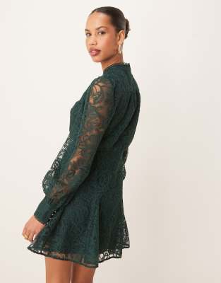 Forever New balloon sleeve lace skater mini dress in green | ASOS
