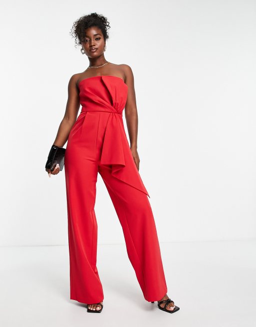 Forever New bandeau bow drape jumpsuit in red | ASOS