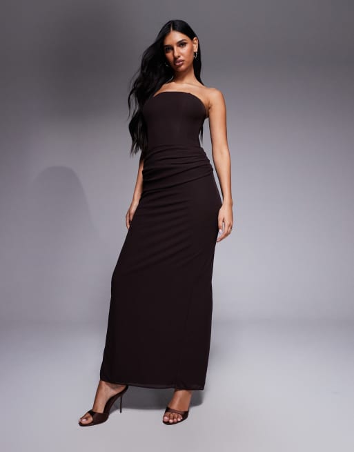 Forever New bandeau draped detail maxi dress in chocolate brown, 3 of 4