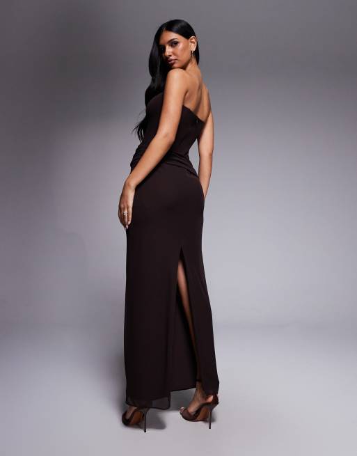 Forever New bandeau draped detail maxi dress in chocolate brown, 4 of 4