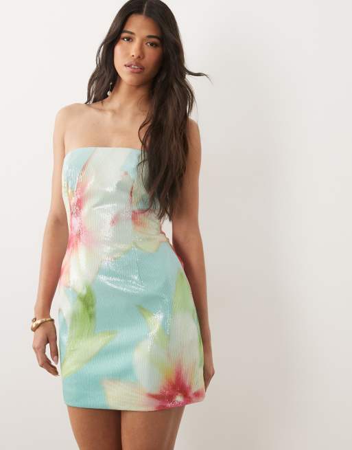 Forever New bandeau liquid sequin mini dress in oversized floral, 2 of 4