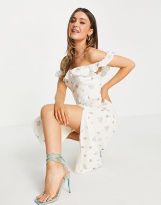 Forever New bardot belted midi tea dress with split in ivory based floral - ASOS Price Checker