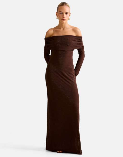 Forever New bardot maxi dress in chocolate hotfix