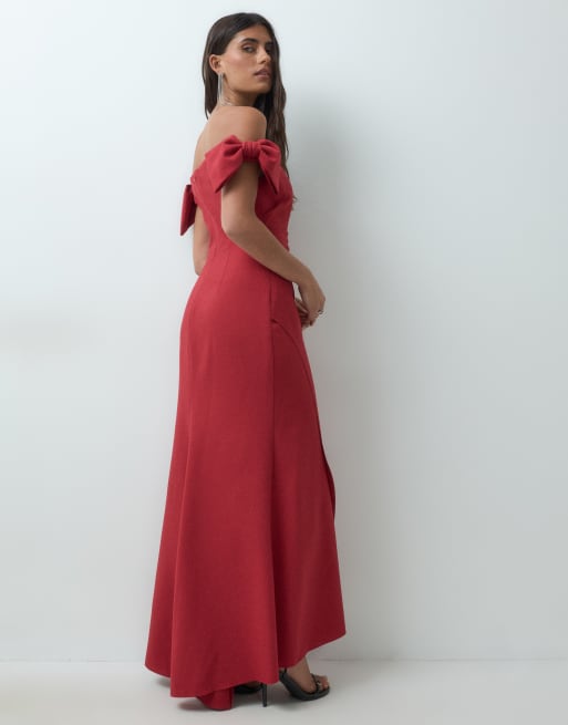 Forever New Bardot-Maxikleid mit Schleifendetail und Fischschwanz in Rot, 4 von 5