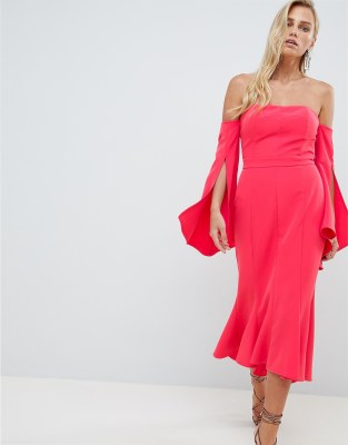 bardot midi fishtail dress