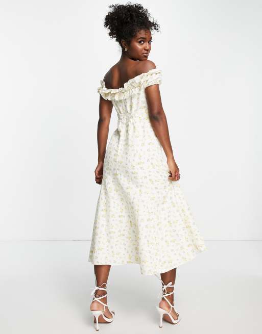 Forever New – Bardot-Midikleid mit Rüschen und Blümchenmuster in Zitronengelb, 2 von 4