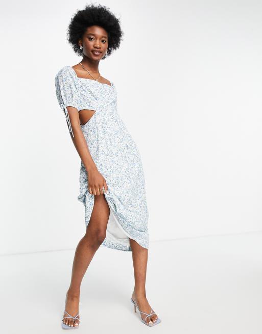 Forever New bardot puff sleeve cut out midi dress in blue ditsy floral