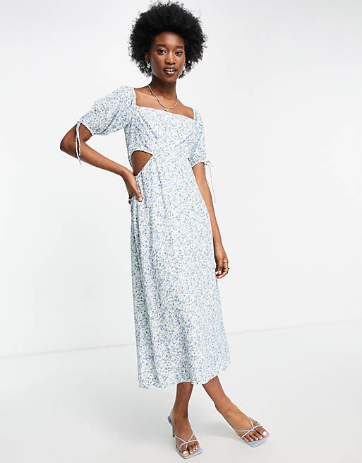 Women Forever New bardot puff sleeve cut out midi dress in blue ditsy floral 