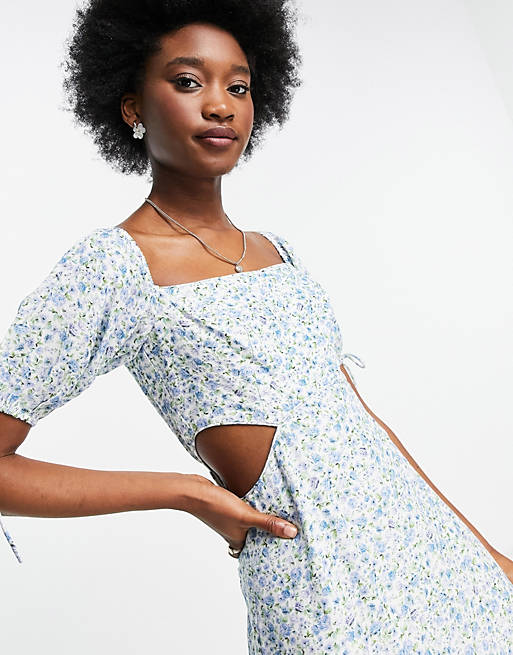  Forever New bardot puff sleeve cut out midi dress in blue ditsy floral 