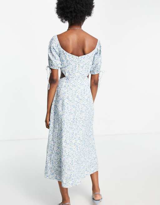 Forever New bardot puff sleeve cut out midi dress in blue ditsy floral, 4 of 4