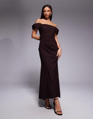 Forever New Forever New bardot ruched maxi dress in wine-Red