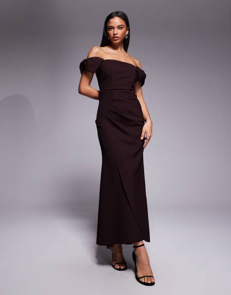 Forever New bardot ruched maxi dress in wine - view 1
