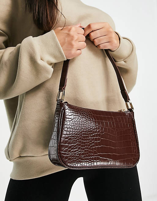Forever New Belle textured croc baguette bag in chocolate