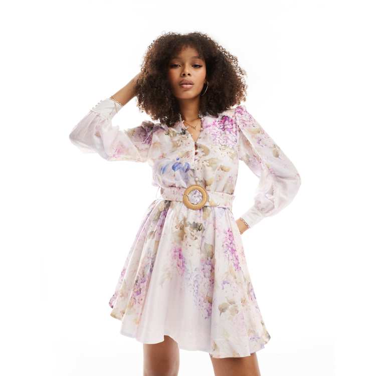 Forever New belted broderie mini dress in lilac and pink floral ASOS