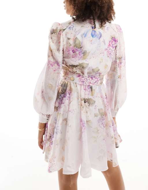 Forever New belted broderie mini dress in lilac and pink floral | ASOS