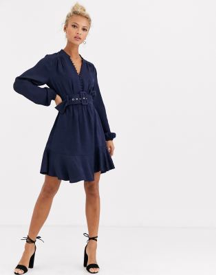 Forever New belted button up flippy hem dress in navy