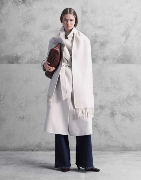 Forever New belted formal coat with tassel scarf with wool in cream - view 1