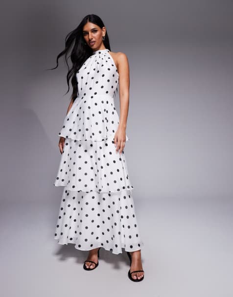 Forever New – Biała warstwowa sukienka maxi z dekoltem halter w groszki - view 1